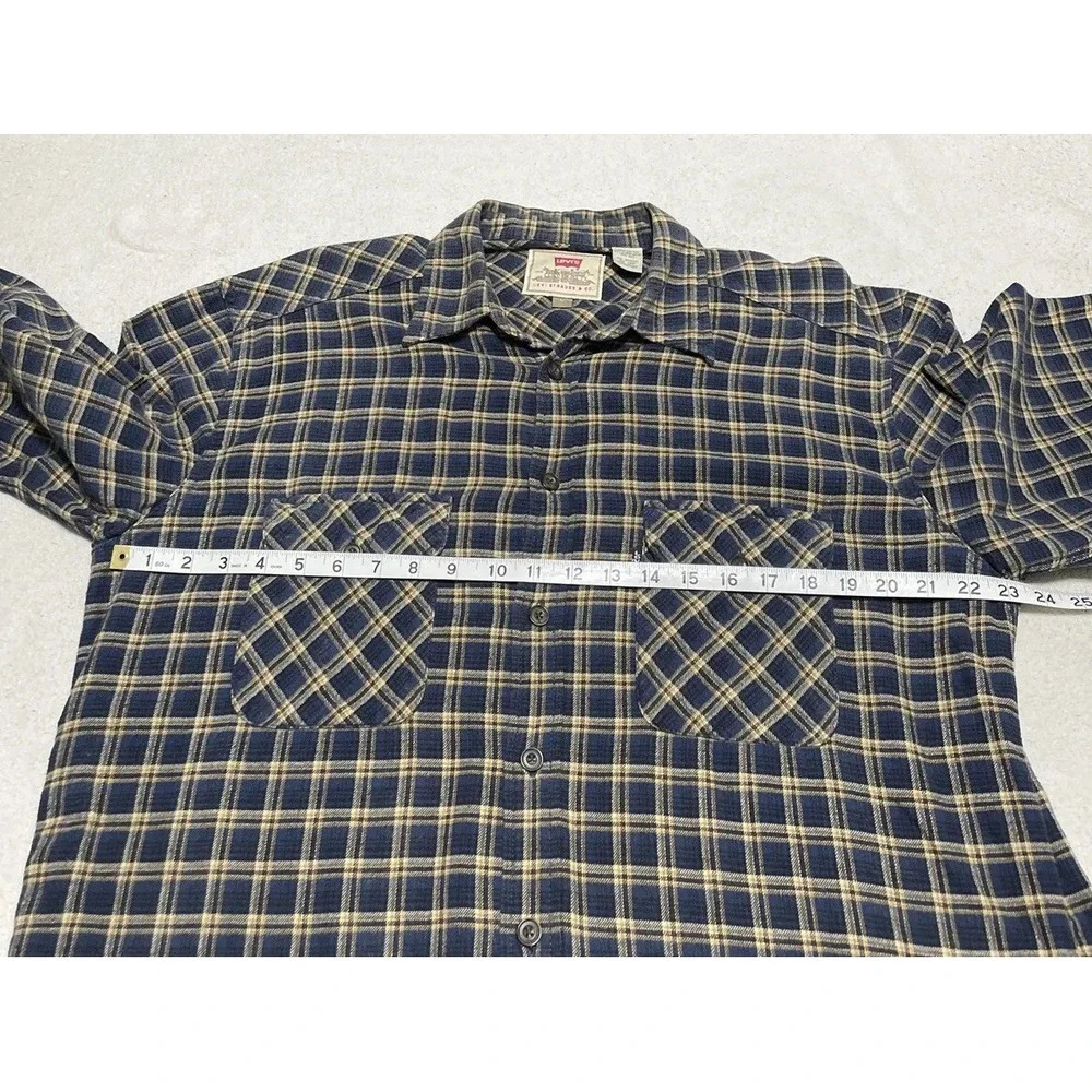 Mens Levis Flannel Shirt Size Large Blue Plaid Long Sleeve Pockets Button Up